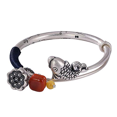 Bracelet poisson argent S925 vintage jonc réglable style chinois homme femme