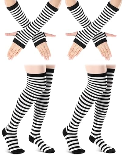 Zimocepuz Calcetines Raya Negra y Blanca, Guantes y Mangas en diseño negro y blanco a rayas, Guantes a rayas para mujeres y niñas, Juego de fiesta para vacaciones | Ya disponible en tu tienda friki favorita! En mundofriki.es!