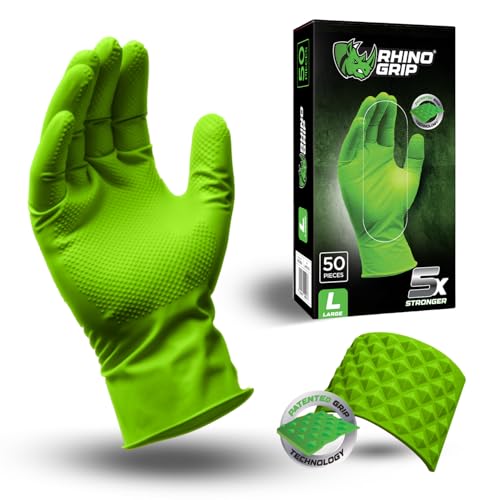 RHINO GRIP Nitrile Gloves - Heavy Duty Disposable Gloves, Diamond Grip Green Gloves - Powder-free & Latex Free Nitrile Gloves, Extra Thick & Ultra Tough Gloves (Extra Large)
