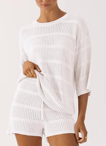 PRETTYGARDEN Women's Summer 2 Piece Cover up Knit Swimsuit Short Sleeve Tops Shorts Sets Bathing Suit Beach Outfits3