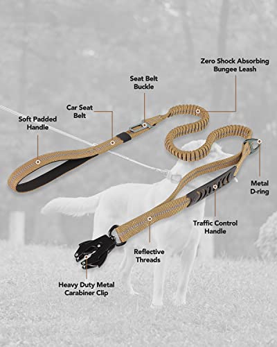 Joytale Taktische Hundeleine, 1.2m-1.8m Bungee Hundeleine Reflektierend mit 2 Gepolsterten Griffen, Autosicherheitsgurt, Leine Hund ohne Zugkraft für Mittelgroße, Große, X-Große Hunde, Coyote Braun