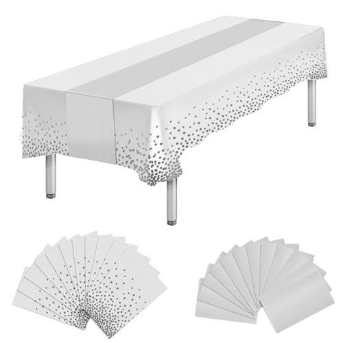 Paquete de 24 manteles desechables rectangulares y camino de mesa de satén, manteles blancos para fiestas y camino de mesa plateado para cumpleaños, boda, aniversario, decoración de fiesta de Navidad