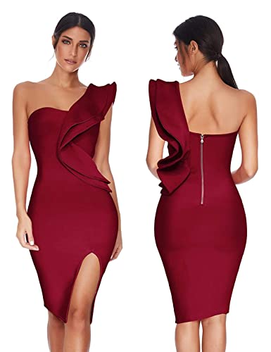 One Shoulder Ruffle Dress Side Split Bodycon Bandage Dress Wedding Guest Dress(Wine,L) #TOP3