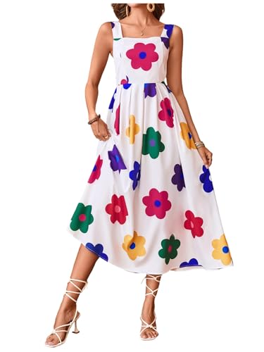 Image of Floerns Women's Flower Print Sleeveless Sundress Square Neck Vacation Long Dress