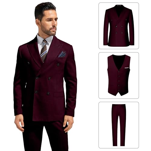 Mens Double Breasted Suits Men’s 3 Piece Slim Fit Suit for Men Business Wedding Tuxedo Solid Blazer Vest Pants4