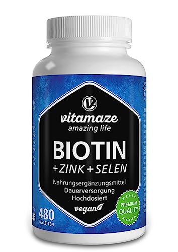 Biotin hochdosiert 10.000 mcg + Selen + Zink für Haarwuchs, Haut & Nägel, 480 vegane Tabletten für 480 Tage, Nahrungsergänzung ohne Zusatzstoffe, Made in Germany