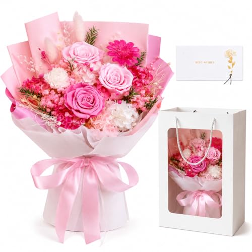 KEPLYKT Ramo de rosas preservadas de color rosa suave en jarrón, flores reales que duran más de 3 años, regalo pensado para mamá, mujeres, amigas, elegante decoración para el hogar y la oficina