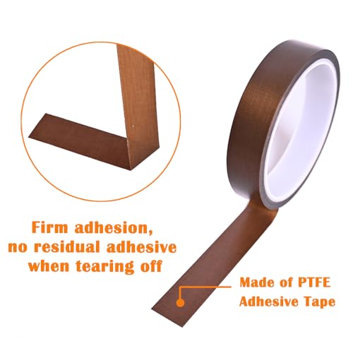 Image of High Temperature Adhesive Tape 3 Rolls Heat Resistant PTFE Fiberglass Tape 0.6in / 1in / 2in (15mm /25mm /50mm) Width, 10m /33ft Length, Brown