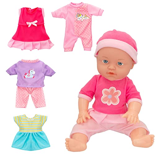 COLORBABY 49579 - Muñeca para niñas con ropita de cambio / Muñeca pequeña, Bebé tamaño 32cm con 5 diseños de ropa distintos / Juguetes para niñas, Muñecas para niñas, regalos para niñas