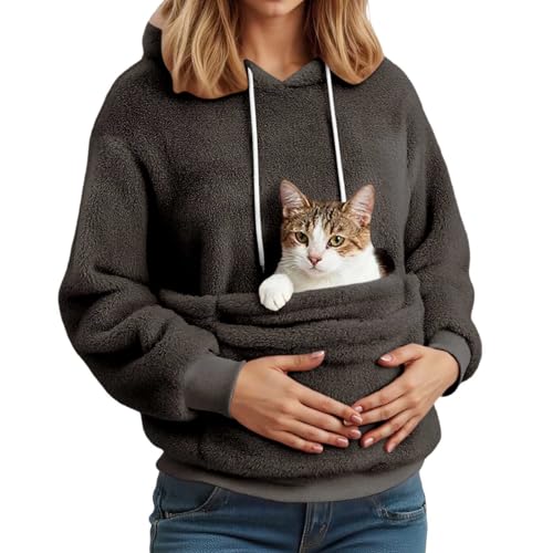 Genérico Frauen Fleece Kapuzenpullover mit Haustiertasche für Hunde und Katzen