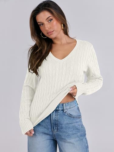 Image of ANRABESS Women's Cable Knit V Neck Fitted Sweaters