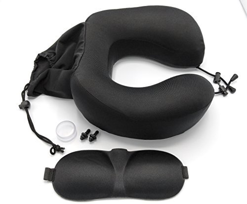 Memory Foam Travel Pillow Set with Ultra-soft Cover Travel Accessories & Gear Sleeping Mask and Sound Proof Ear Plugs for Air Plane Flight Car Work Study Backpacking Foldable Washable