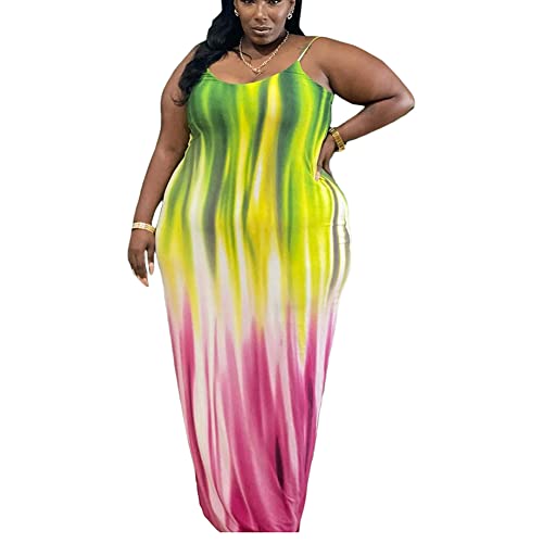 Image of BFFBABY Womens Summer Suspender Maxi Dress Plus Size Striped Printed Sleeveless with Pockets and Belt