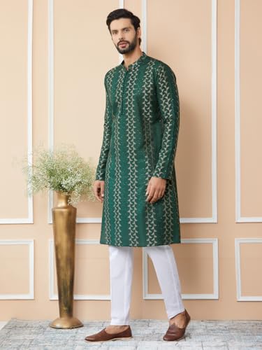 Image of See Designs Men's Long Sleeve Mandarin Collar Side Slit Embroidered Thread Work Sequinned Chanderi Silk Straight Kurta with Pyjama