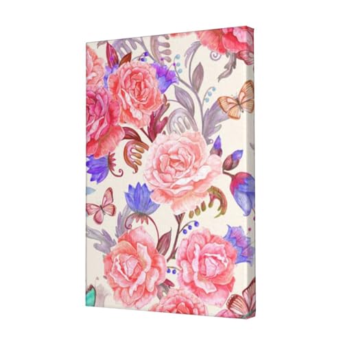 Peinture sur toile fleur rose papillon OUSIKA tableau mural de salon