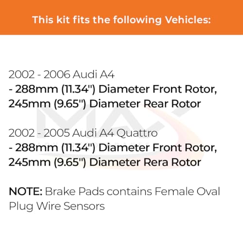 Image of Max Advanced Brakes Front & Rear Brake Kit Compatible With 2002 2003 2004 2005 2006 A4 Quattro w /11.34 inch Fr Rotor Replacement Geomet Coated OE Disc Brake Rotors and Ceramic Brake Pads