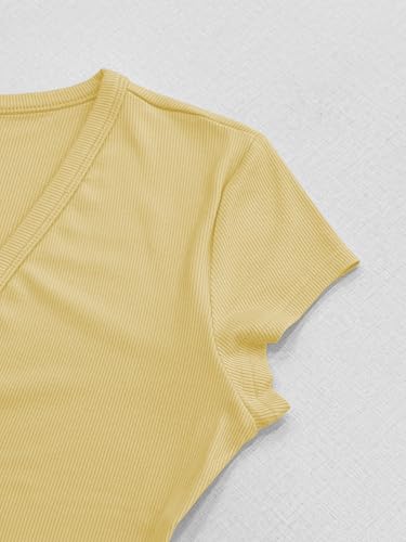 Image of Albe Rita Women Short Sleeve T-Shirt Cap V Neck Shirts for Women Ribbed Casual Top Knit Slim Fit for Summer