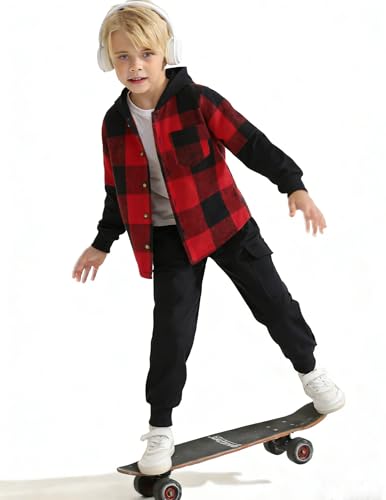 Image of 2Pcs Boys Clothes Sweatsuit Set Hoodie Flannel Plaid Shirt and Jogger Pants for Kids Fall Winter Spring Outfits