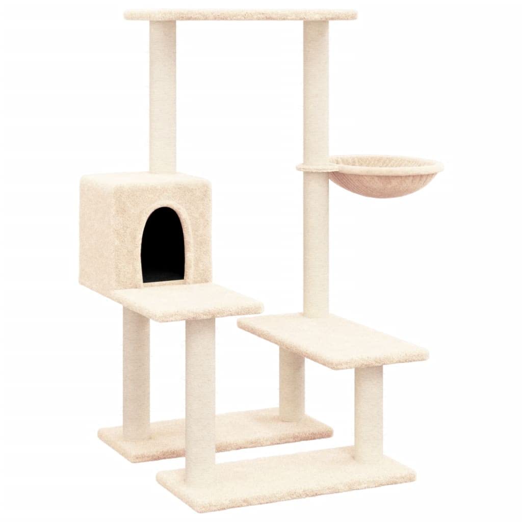 Kratzbaum mit Sisal-Kratzsäulen Creme, 94,5 cm Kletterbaum für Katzen, stabiles Katzenmöbel mit Plüsch-Höhle, Hängematte und Plattformen aus Holzwerkstoff