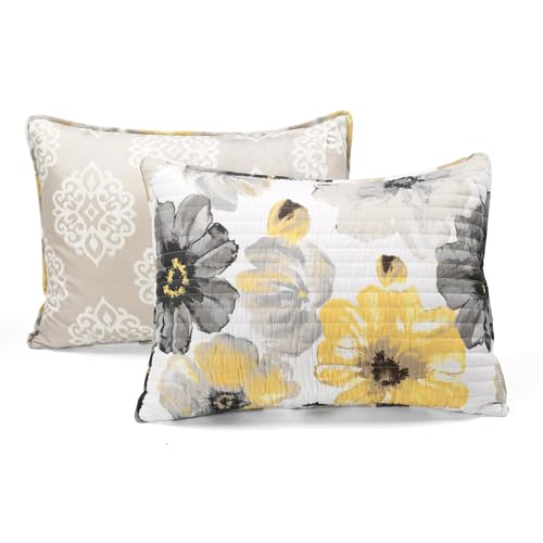 Image of Lush Decor Leah Reversible Floral Quilt Set, 8 Piece Set, Full / Queen, Yellow & Gray - Charming Floral Bedding Set With Pillow Cases, Decorative Throw Pillows & Bed Skirt- Large Watercolor Flowers