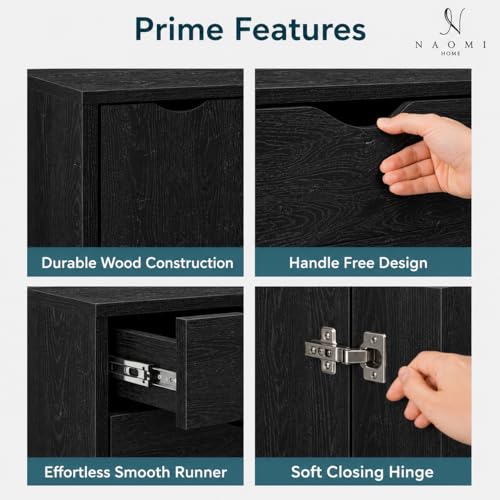 Image of Naomi Home Rolling Storage Cabinet with 5 Drawers & Side Cabinet, Engineered Wood Organizer with Shelves, Handle-Free Design & Swivel Casters for Home Office, Kids Room & Entryway - Distressed Black