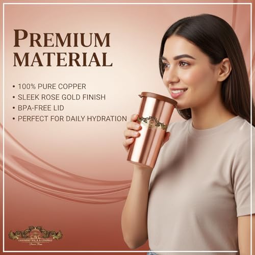 Image of cWc Copper Water Tumbler with Lid, 480ml | 100% Pure Copper Drinking Glass | Leak-Proof, BPA-Free | Ayurvedic Water Storage Cup for Daily Hydration | Office, Travel & Home Use