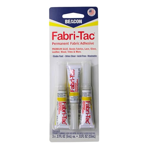 BEACON Fabri-Tac Minis Premium Fabric Glue - Quick Drying Crystal Clear Permanent - for Fabrics Canvas Lace Wood and More .17-Ounce 3-Pack