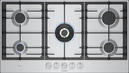 Bosch PCR9A5I90 Series 6, Plaque à gaz, FlameSelect, Poignées magnétiques amovibles, WOK, Grilles en fonte, Acier, 90 cm
