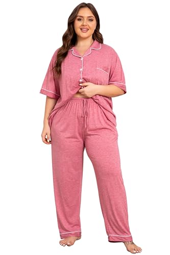 Image of Vozanet Women Plus Size Pajamas Button Down Rayon Softness PJS Classic Sleepwear Short Long Loungewear 2pcs with Pockets