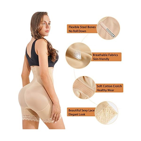 Nebility Waist Trainer for Women High Waist Tummy Control Panty Lace Butt Lifter Shapewear Slim Body Shaper Shorts (Medium, Beige)