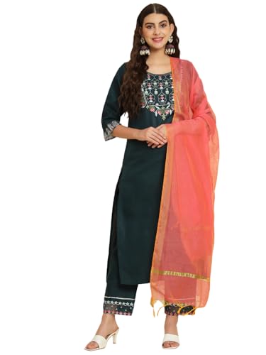 Image of VredeVogel Women's Cotton Blend Kurta Pant Set with Chanderi Silk Dupatta