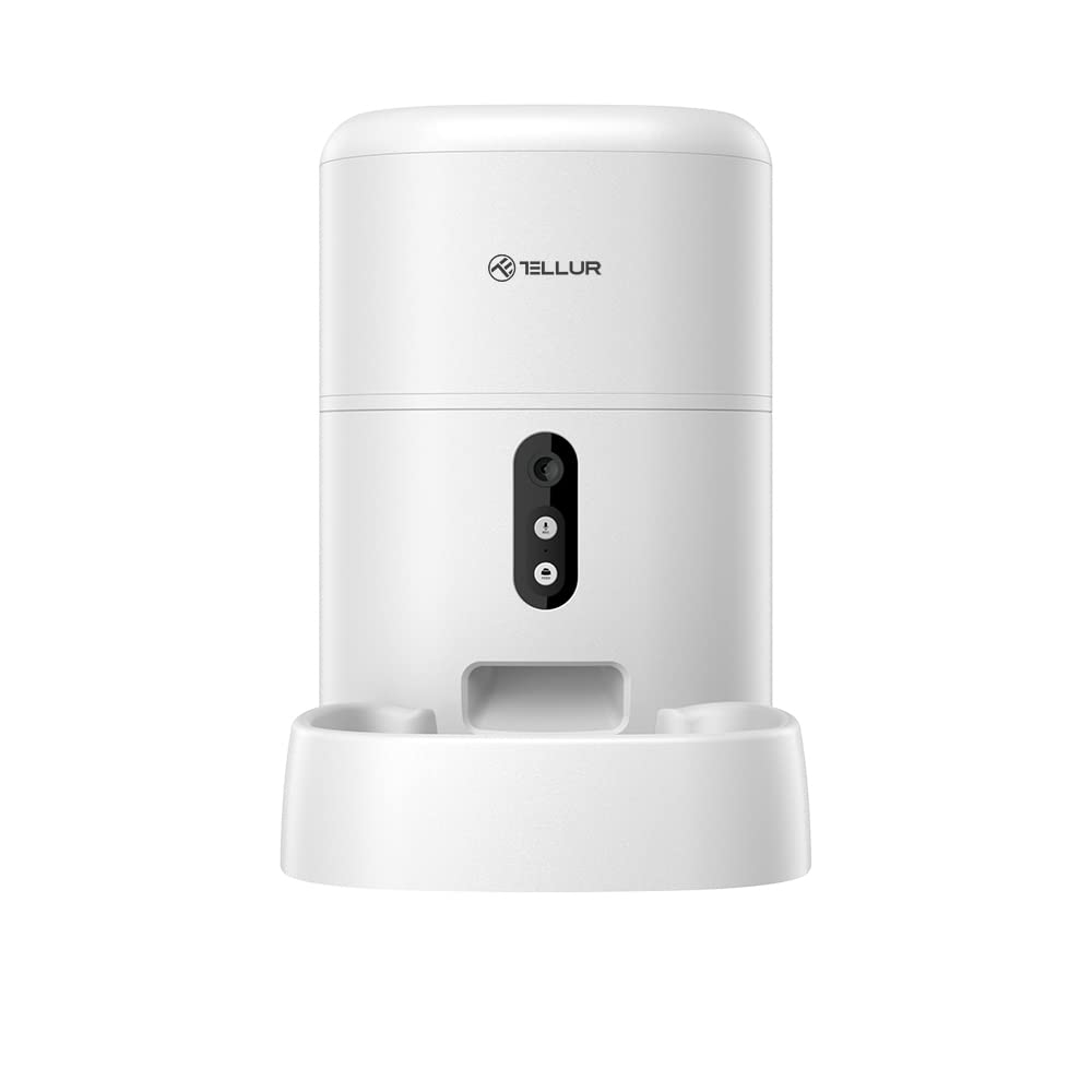 TELLUR SMART Distributore Automatico di Cibo per Gatti e Cani, Mangiatoia Alexa, WiFi, 4L, Videocamera 2K, Compatibile Alexa e Google,Rregistrazione Vocale 10s, Tempo del Cibo e Porzioni Programmabili