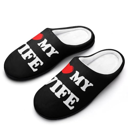 I Love My Wife Women's Cotton Slippers Indoor Outdoor Slip-on Warm House Shoes with Anti-Skid Rubber Sole