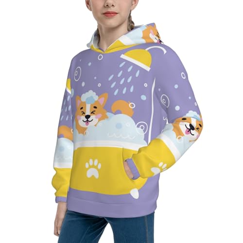 Corgi Washing in Bathtub Kid Hoodies Boys Sweatshirts Girls Pullover with Pocket2