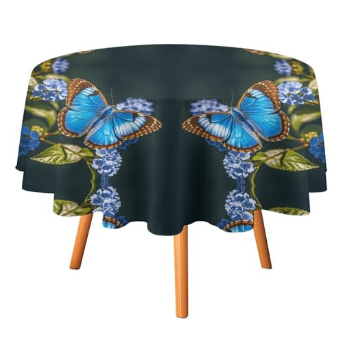 Nappe ronde polyester bleu lavable en machine imprimé papillon extérieur 178cm - 2