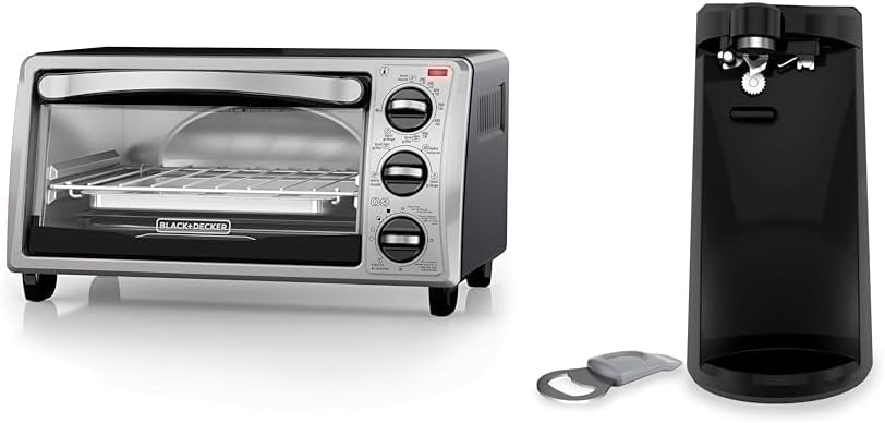 BLACK+DECKER 4-Slice Convection Oven, Stainless Steel, Curved Interior fits a 9 Inch Pizza, TO1313SBD & EasyCut Extra-Tall Can Opener with Knife Sharpener and Bottle Opener, Black, EC500B-T