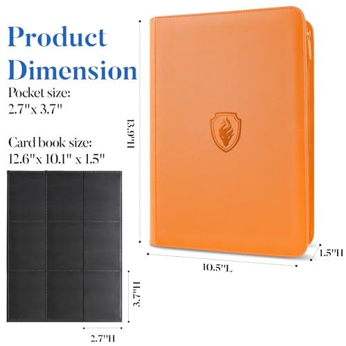 Image of Premium Zip Card Binder, Fabmaker 9 Pocket Trading Card Binder, PU Cover Zipper Card Collection Album, Sturdy 360 Side-Loading Card Folder Holder for Game & Sports Cards, Orange
