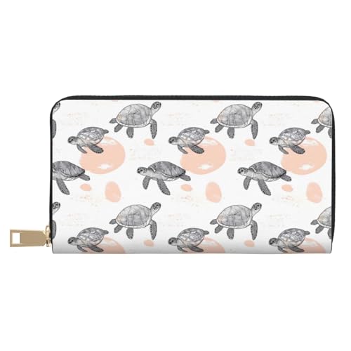 Leather Thin Slim Wallets for Women & Men - Sketch Turtle Print Card Wallet Holder with Zipper