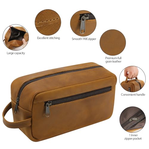 Ringsun Genuine Leather Toiletry Bag, Hanging Makeup Bag with Large Capacity for Women Men, Handcrafted Vintage Travel Toiletry Bag for Accessories, Shampoo, Full-size Container, Toiletries4
