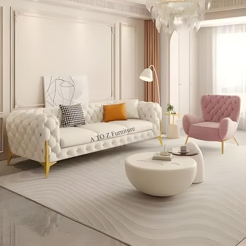Image of A to Z Furniture Modern Classic Fabric & Valvet Tufted Chesterfield Sofa Living Room and Office (3+1= 4 Seater Sofa Set with Footrest Beige)