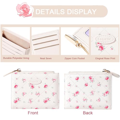 Sunwel Fashion Floral Prints Rose Wallet Small Bifold Wallet with Zipper Coin Purse Card Holder ID Window for Women Girls (CREAM)3