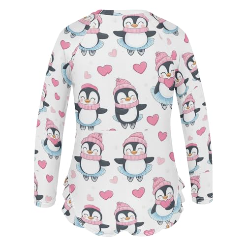 Cute Penguin and Pink Love Heart Girls Long Sleeve Swimsuit Rash Guard One Piece Bathing Suits Zipper 3-12T3