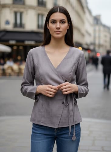 Image of Women's Cotton Tops | Casual Wrap V Neck Top | Long Sleeve Textured Side Tie Shirt | Elegant Slim Fit Crossover Tunic | Stylish Office Wear & Trendy Streetwear Apparel(38-K-1-4)