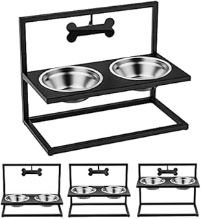 VavoPaw Elevated Dog Bowls with Marker, Adjustable Raised Stand Pet Feeder with Detachable Double Stainless Steel Bowls(23.66oz/700ml), Elevated Food & Water Dish for Medium & Small Dogs & Cats, Black