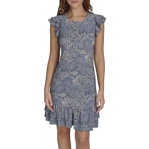 Image of Tommy Hilfiger Women's Sleeveless Crew Neck Double Ruffle Hem Jersey Shift Mini Dress
