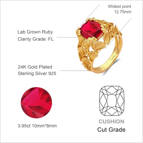Ginkgo Leaf Ruby Gold Rings for Women, 3.95ct Lab-Grown Ruby Ring in 24K Gold Plated 925 Sterling Silver, Red Gemstone Ring Fine Jewelry, Cocktail Ring for Women Anniversary Birthday Gift for her2