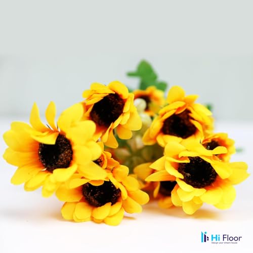 Image of Enhance Your Space with Artificial Leaf Decor Foliage for Stunning Interiors Decorative Items for Home;Office; Room; Living Room; Table; (Without Vase) (Pack of 1, Sunflower)
