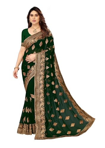 Image of B BELLA CREATION Women's Maroon Georgette Saree with Heavy Golden Embroidery Work & Unstitched Blouse Piece