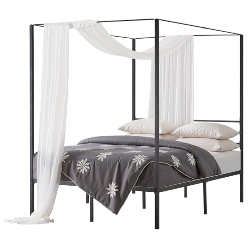 VEVOR Marco de Cama con Dosel de Tamaño Full, Diseño de Cuatro Postes de Metal 196,5x137x183 cm Soporte de Láminas de Acero Resistente Espacio de Almacenamiento Debajo, No Necesita Somier, Negro