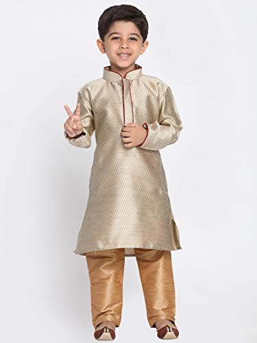Image of JBN Creation Boys' Full Sleeve Silk Blend Kurta Pyjama Set with Mandarin Collar, Featuring Ethnic Motifs, Self-Design, and Embellishments - Perfect for Festivals and Special Occasions